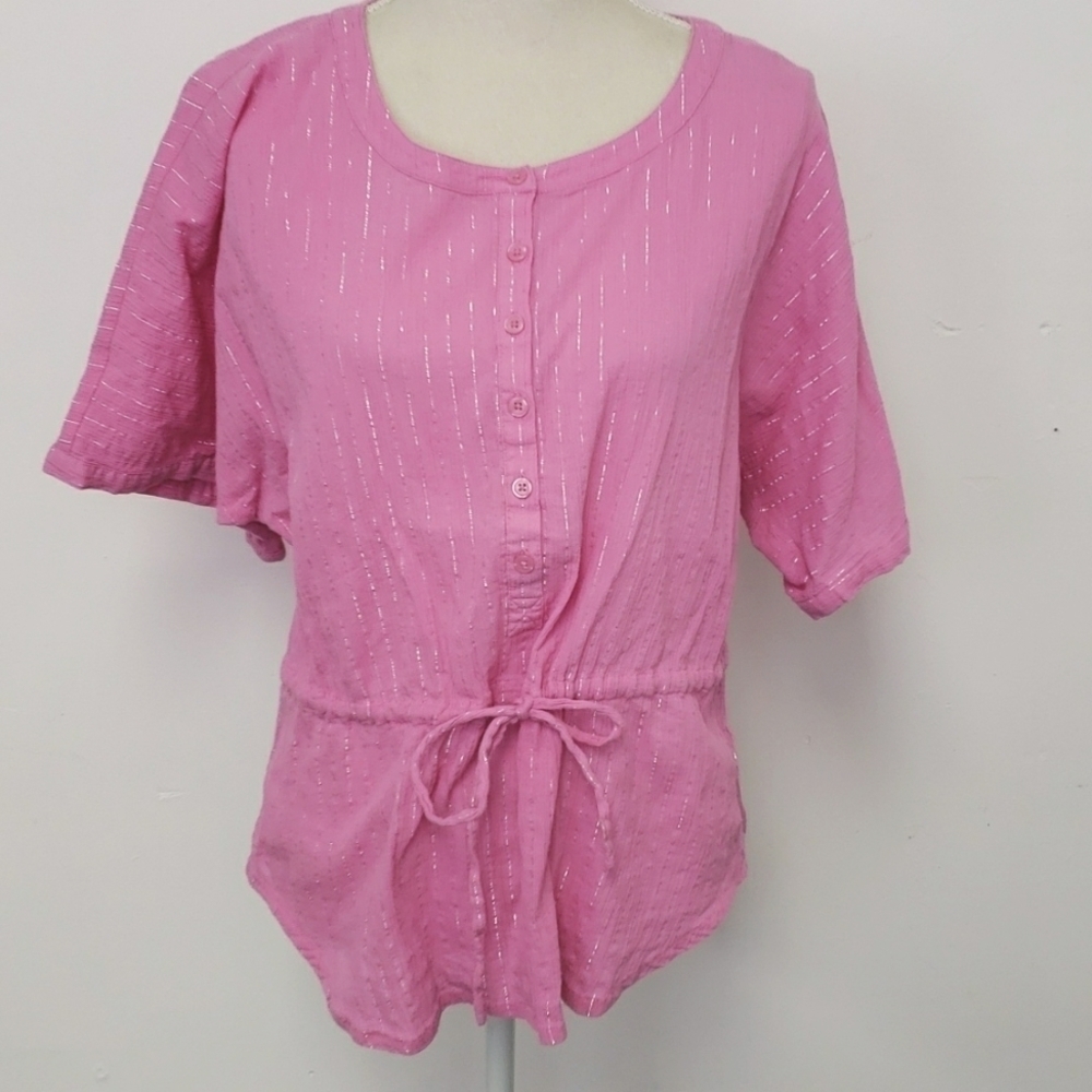 Vintage Canyon River Blues India Cotton Dolman Sleeve Top Pink Silver Threads EU